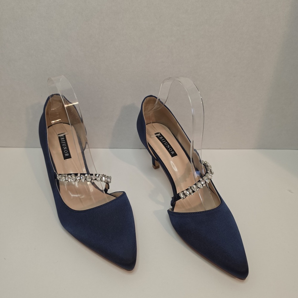 ERIJUNOR Women's Size 7.5 Navy Blue Satin Rhinestone Strap Kitten Heels Pumps